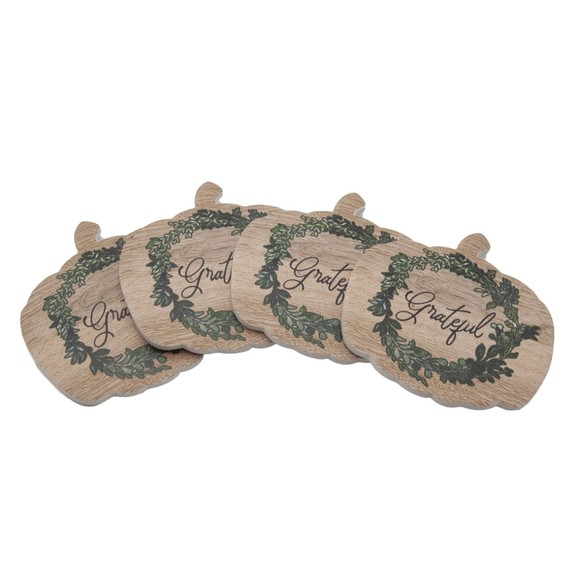 Celebrate Decorative Coaster Set Pumpkin Shape Grateful Stoneware Coasters 4pc - Picture 3 of 4